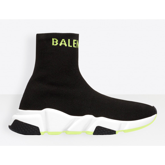 Balenciaga Mens Speed Black Yellow Logo Sock Flat High Top Trainer Sneaker 45 12 - Picture 3 of 11